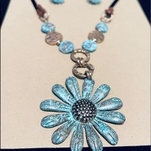 Dark Gold & Turquoise toned Metal Necklace with adjustable Leather Cord